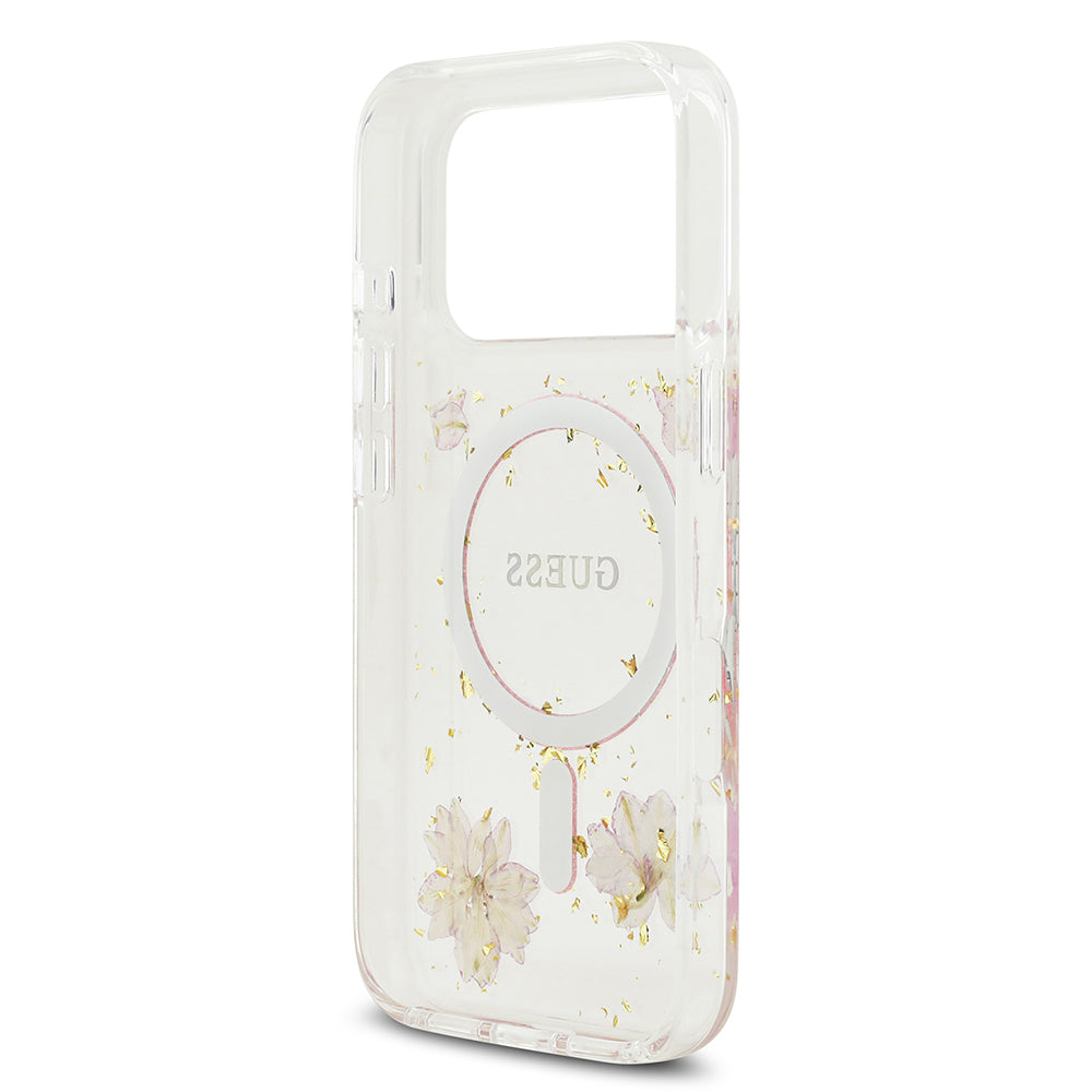 Apple iPhone 17 Pro Kılıf Guess M-safe Şarj Özellikli Transparan Resin Flowers Kapak Pembe