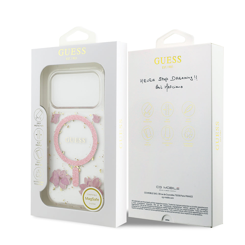 Apple iPhone 17 Pro Kılıf Guess M-safe Şarj Özellikli Transparan Resin Flowers Kapak Pembe