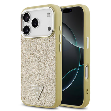 Apple iPhone 17 Pro Kılıf Guess M-safe Şarj Özellikli Üçgen Logolu Glitter Kapak Gold