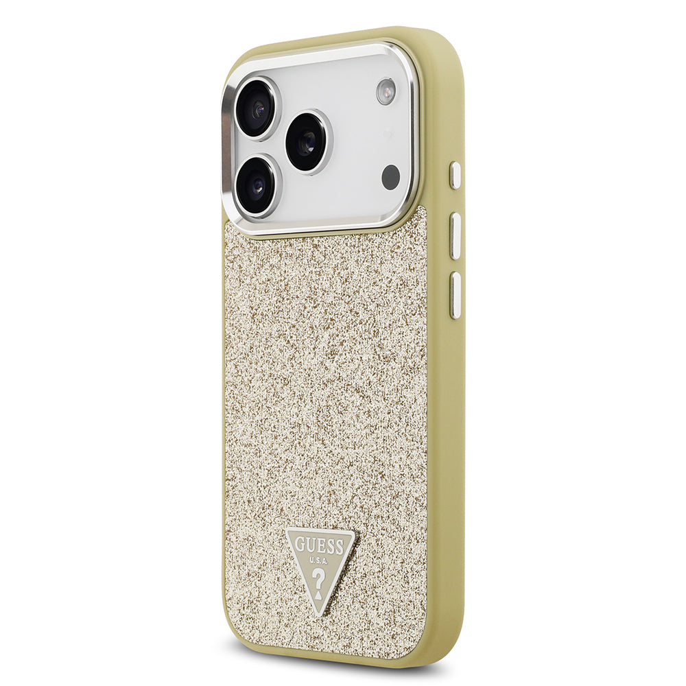Apple iPhone 17 Pro Kılıf Guess M-safe Şarj Özellikli Üçgen Logolu Glitter Kapak Gold