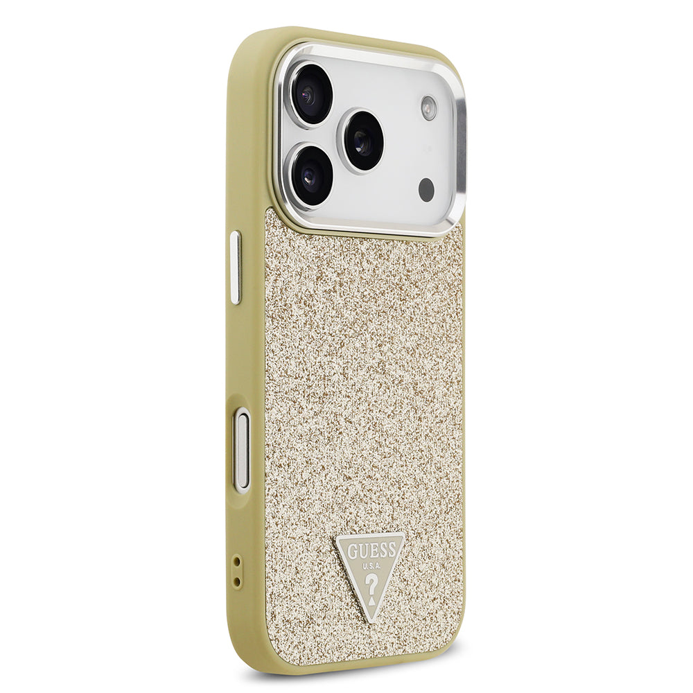 Apple iPhone 17 Pro Kılıf Guess M-safe Şarj Özellikli Üçgen Logolu Glitter Kapak Gold