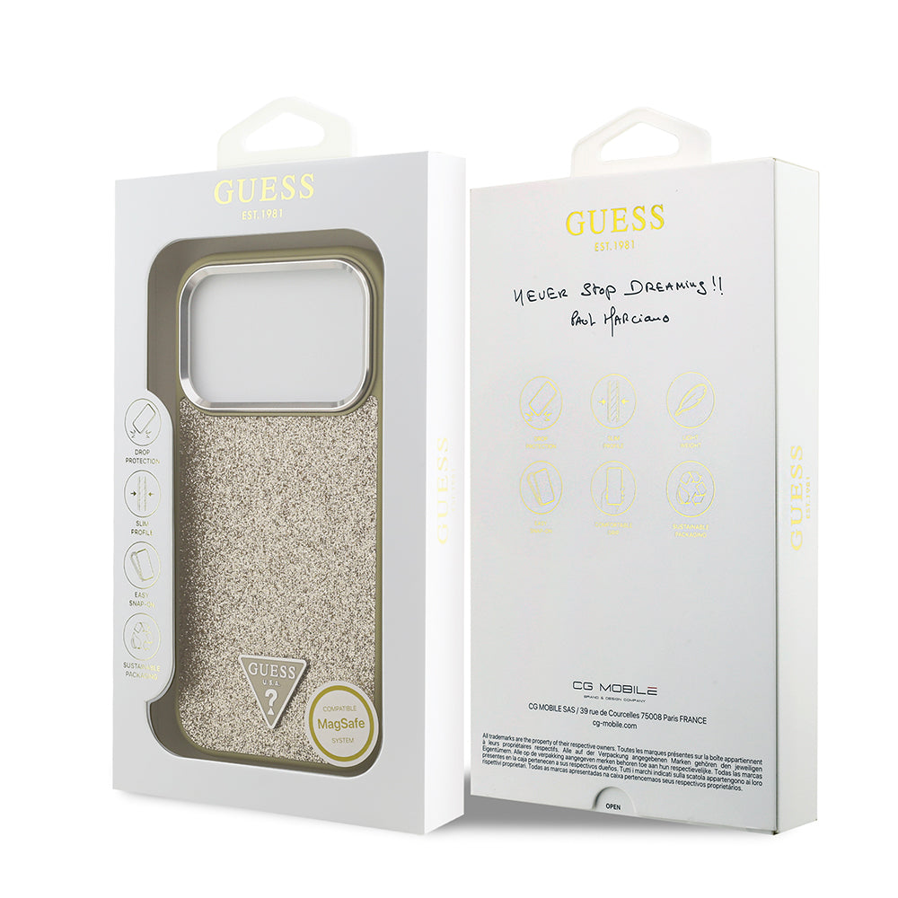 Apple iPhone 17 Pro Kılıf Guess M-safe Şarj Özellikli Üçgen Logolu Glitter Kapak Gold