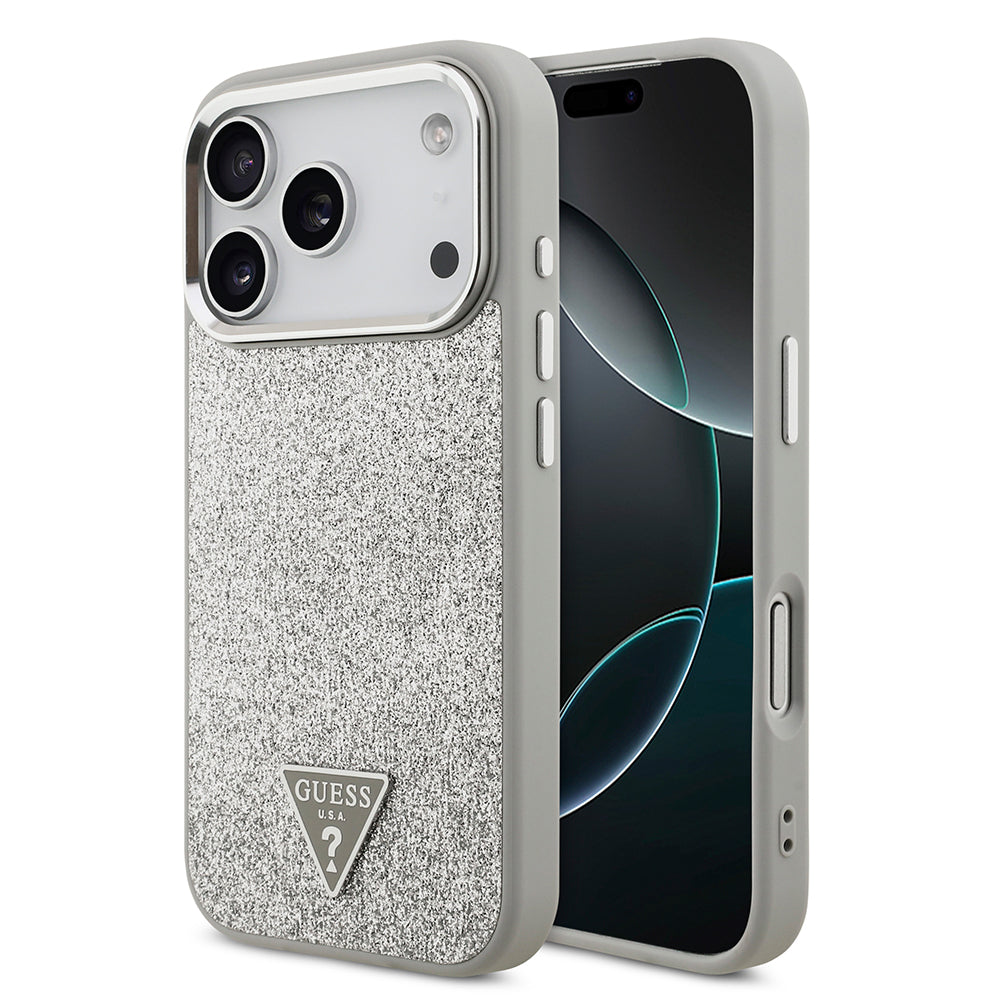Apple iPhone 17 Pro Kılıf Guess M-safe Şarj Özellikli Üçgen Logolu Glitter Kapak Gri