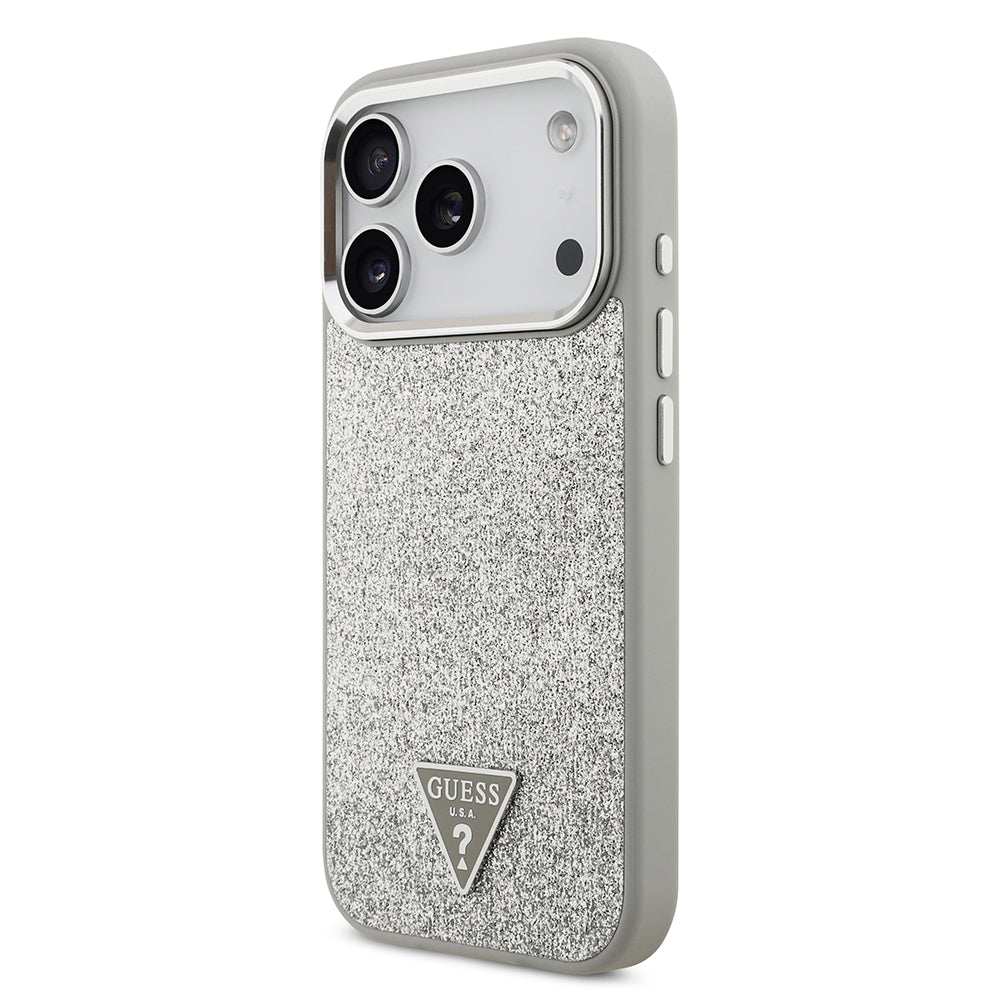 Apple iPhone 17 Pro Kılıf Guess M-safe Şarj Özellikli Üçgen Logolu Glitter Kapak Gri
