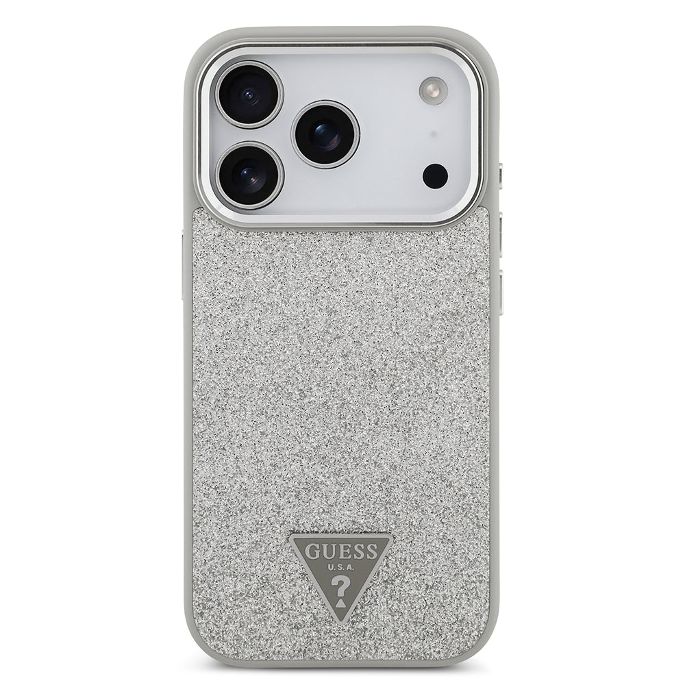 Apple iPhone 17 Pro Kılıf Guess M-safe Şarj Özellikli Üçgen Logolu Glitter Kapak Gri