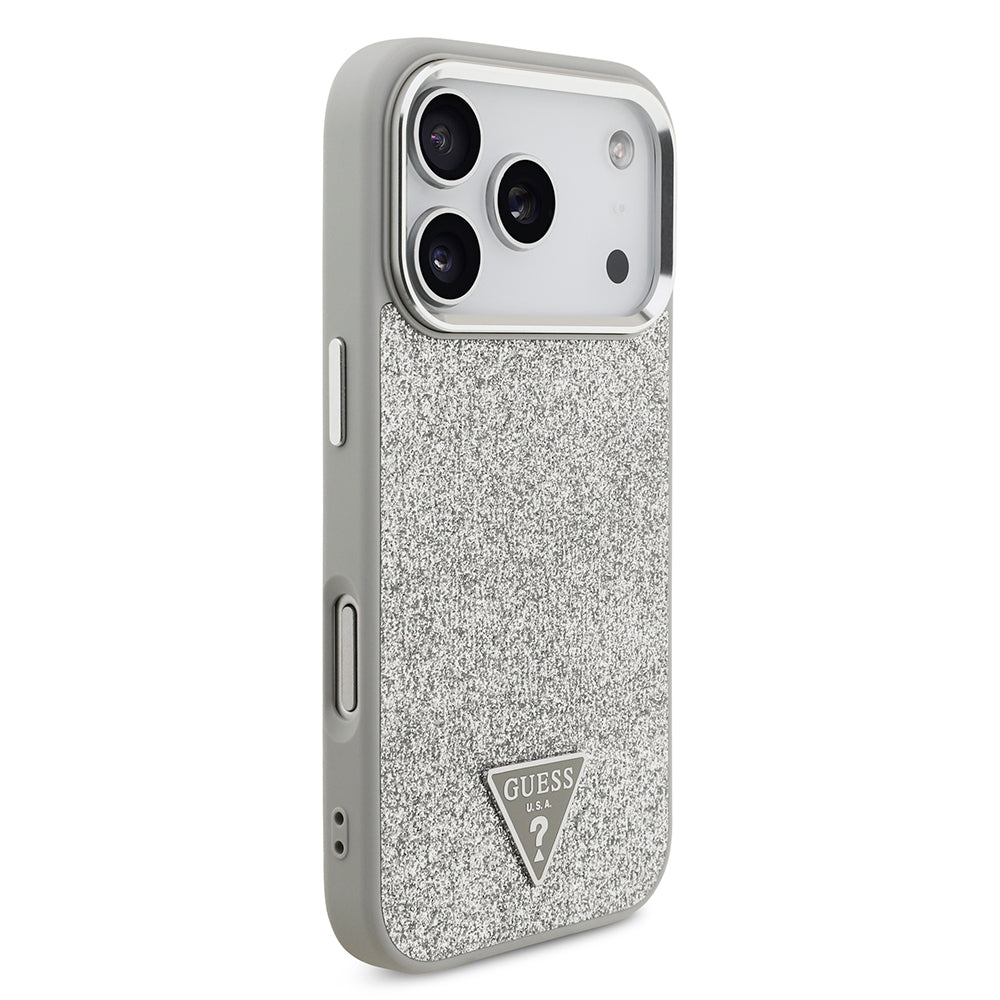 Apple iPhone 17 Pro Kılıf Guess M-safe Şarj Özellikli Üçgen Logolu Glitter Kapak Gri