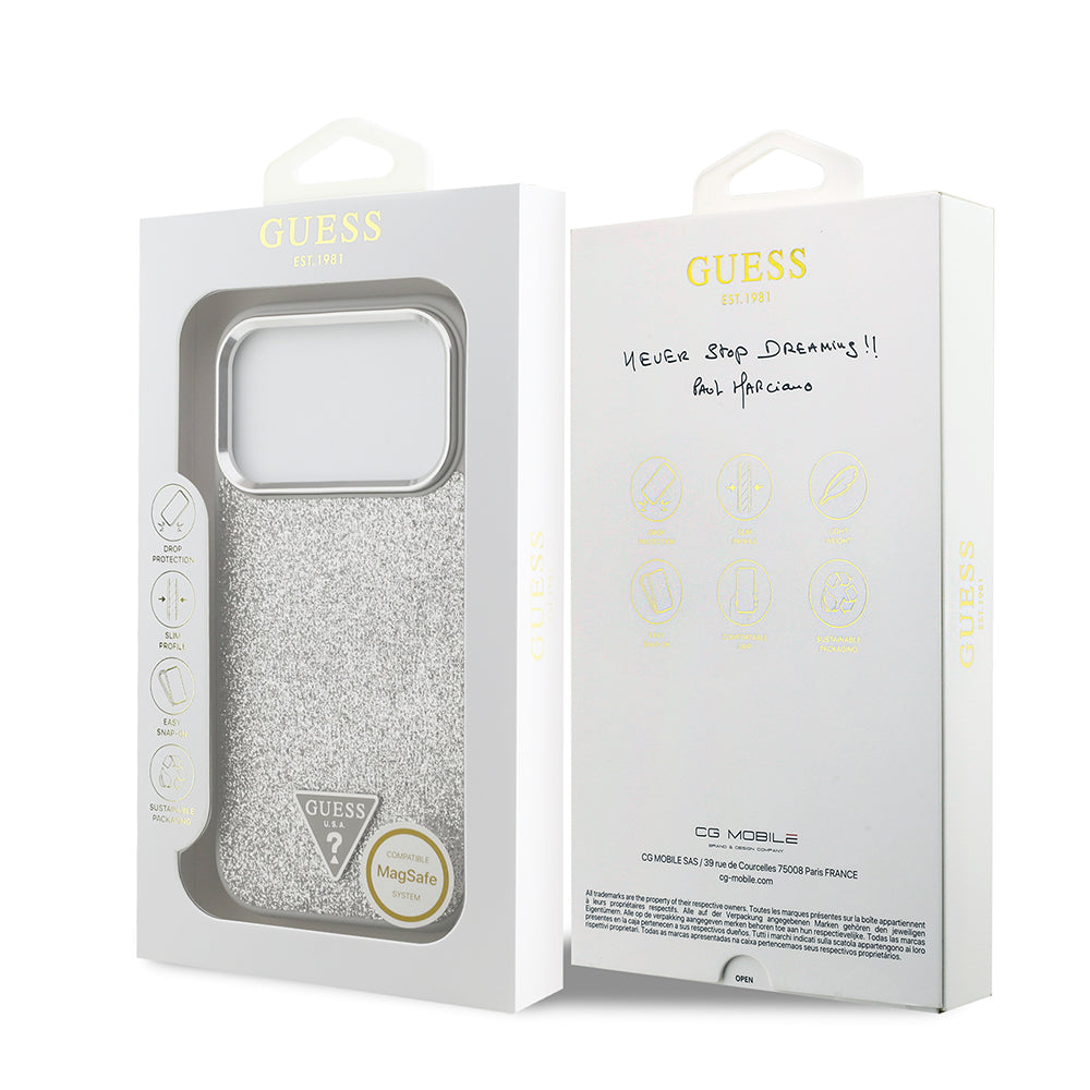 Apple iPhone 17 Pro Kılıf Guess M-safe Şarj Özellikli Üçgen Logolu Glitter Kapak Gri
