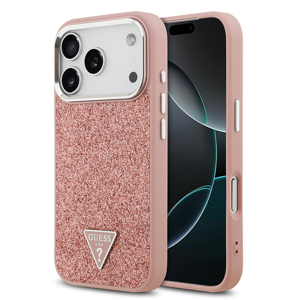Apple iPhone 17 Pro Kılıf Guess M-safe Şarj Özellikli Üçgen Logolu Glitter Kapak Pembe