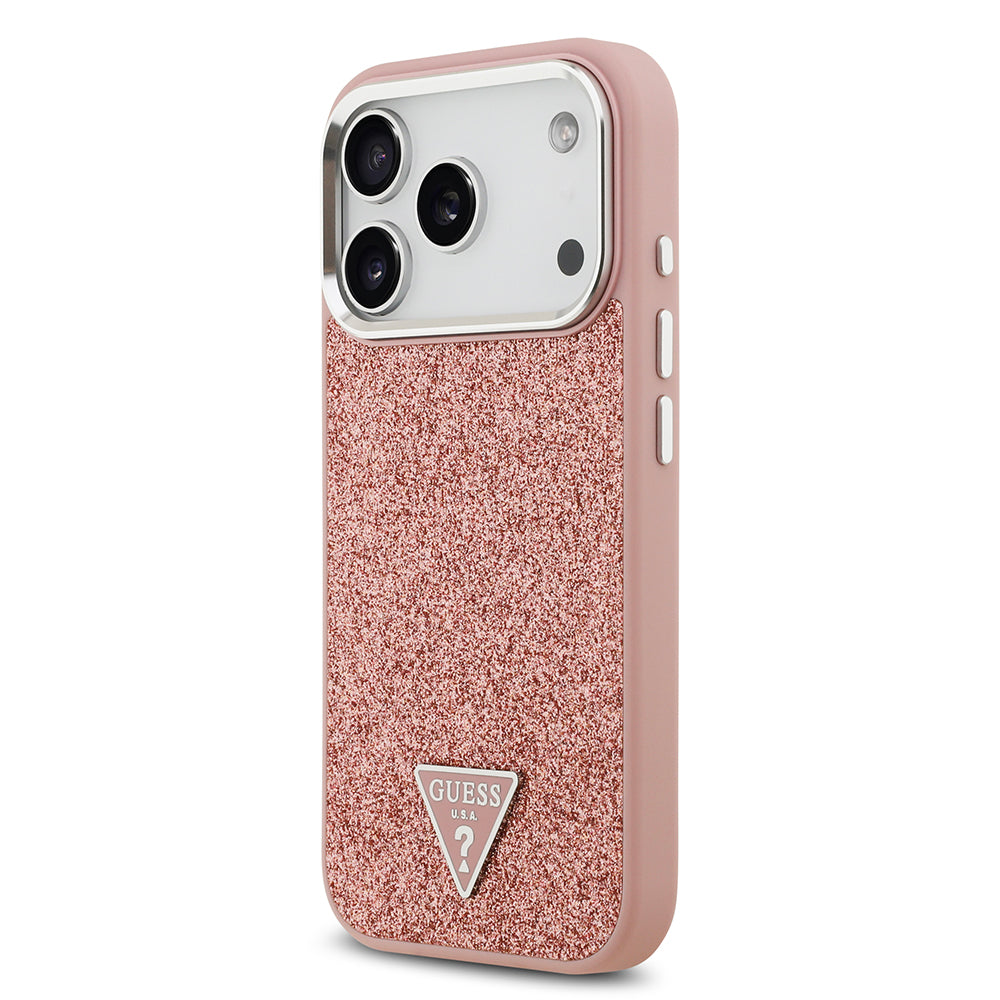 Apple iPhone 17 Pro Kılıf Guess M-safe Şarj Özellikli Üçgen Logolu Glitter Kapak Pembe
