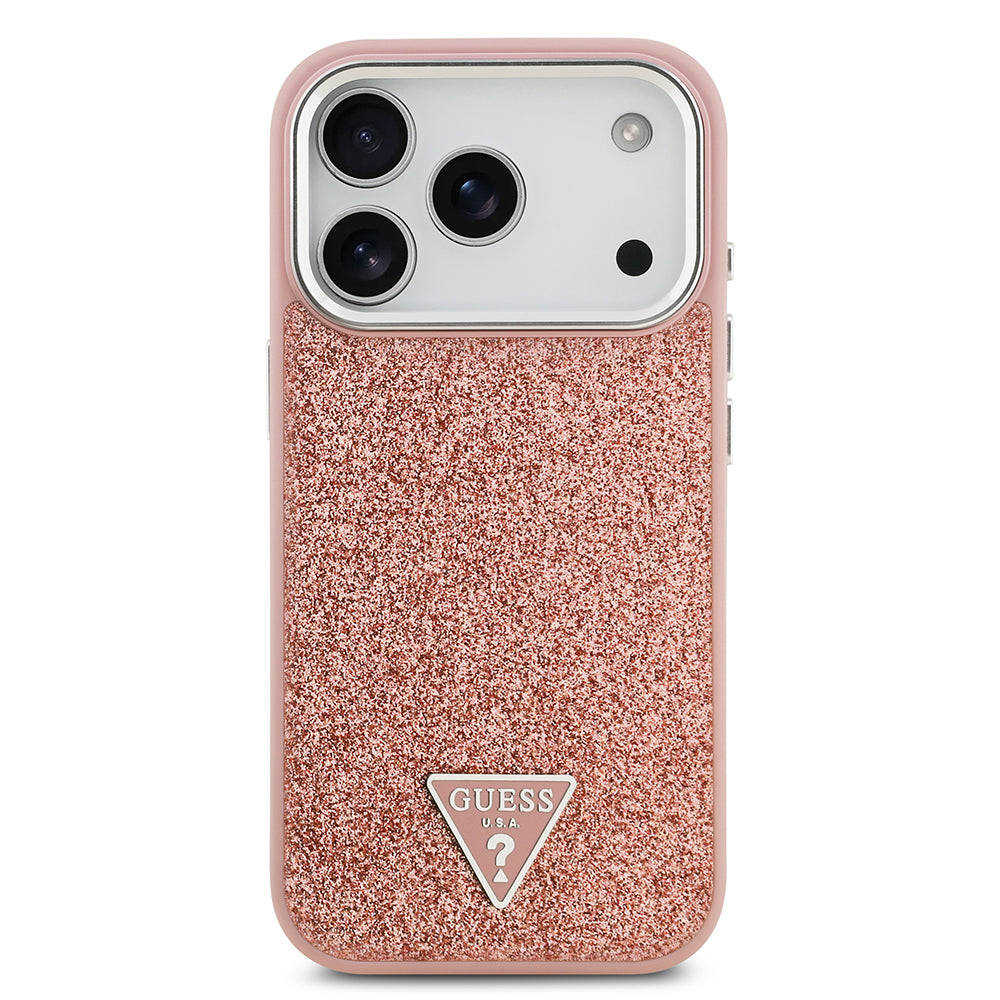 Apple iPhone 17 Pro Kılıf Guess M-safe Şarj Özellikli Üçgen Logolu Glitter Kapak Pembe