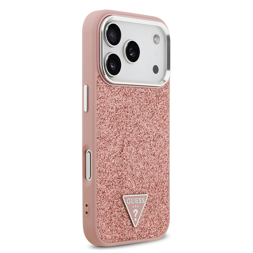 Apple iPhone 17 Pro Kılıf Guess M-safe Şarj Özellikli Üçgen Logolu Glitter Kapak Pembe