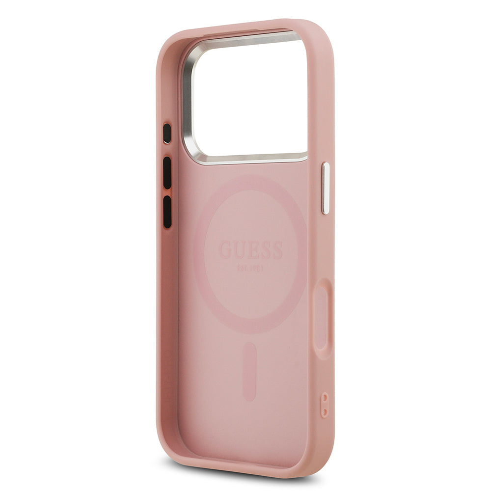 Apple iPhone 17 Pro Kılıf Guess M-safe Şarj Özellikli Üçgen Logolu Glitter Kapak Pembe