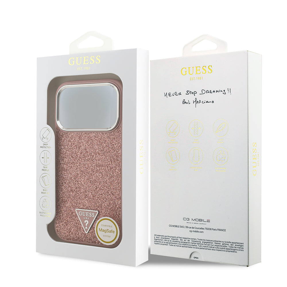 Apple iPhone 17 Pro Kılıf Guess M-safe Şarj Özellikli Üçgen Logolu Glitter Kapak Pembe