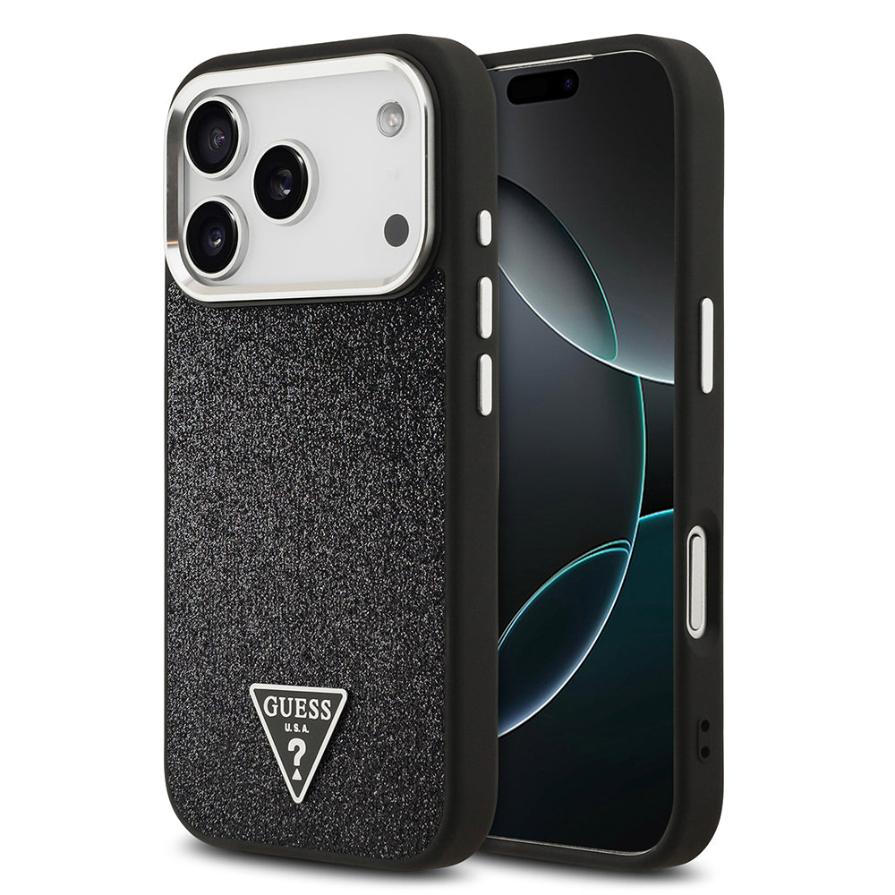 Apple iPhone 17 Pro Kılıf Guess M-safe Şarj Özellikli Üçgen Logolu Glitter Kapak Siyah