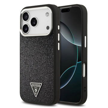Apple iPhone 17 Pro Kılıf Guess M-safe Şarj Özellikli Üçgen Logolu Glitter Kapak Siyah