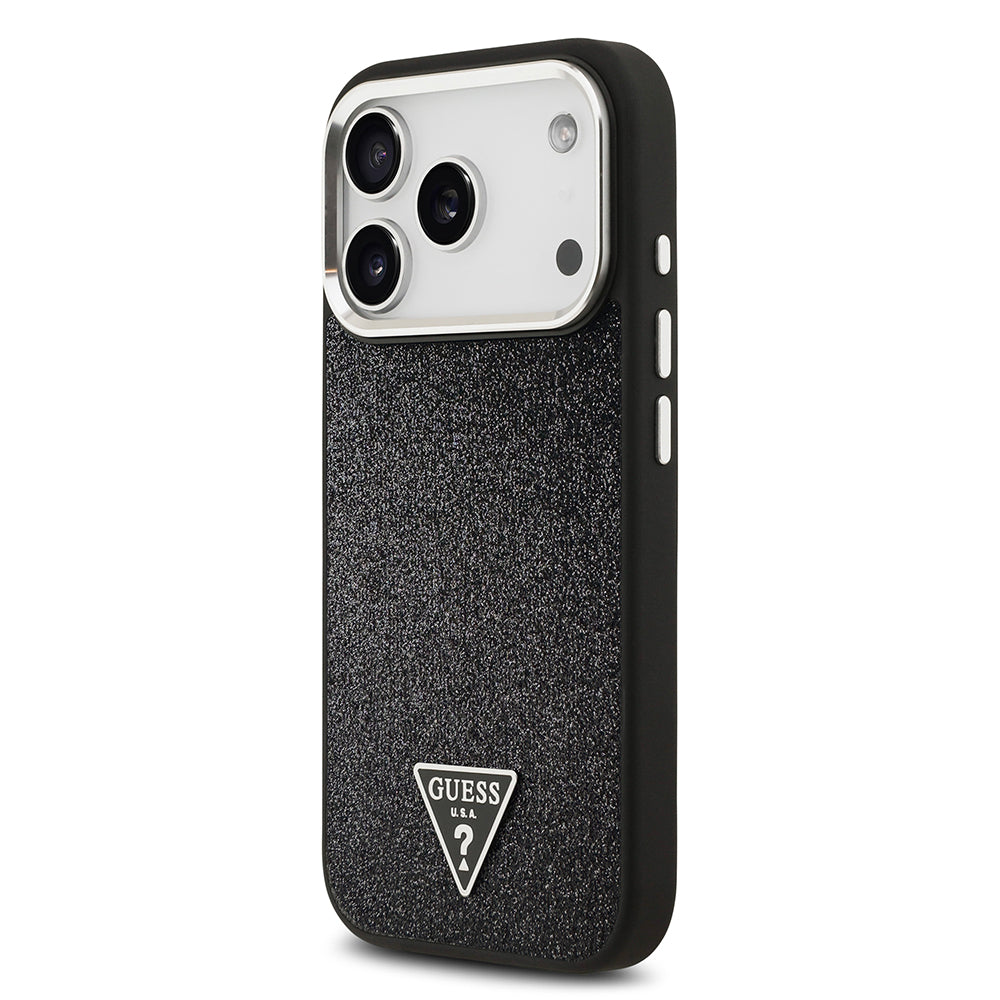 Apple iPhone 17 Pro Kılıf Guess M-safe Şarj Özellikli Üçgen Logolu Glitter Kapak Siyah