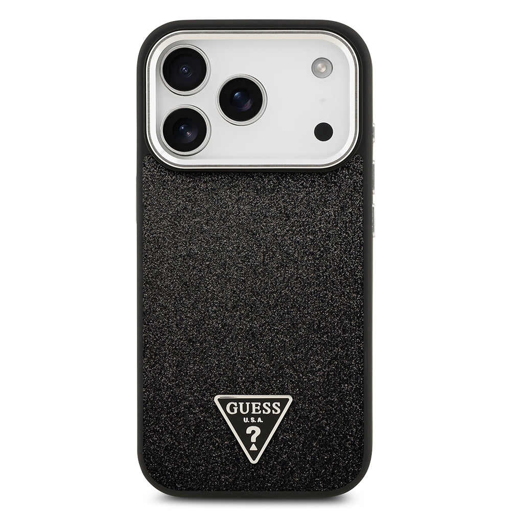 Apple iPhone 17 Pro Kılıf Guess M-safe Şarj Özellikli Üçgen Logolu Glitter Kapak Siyah