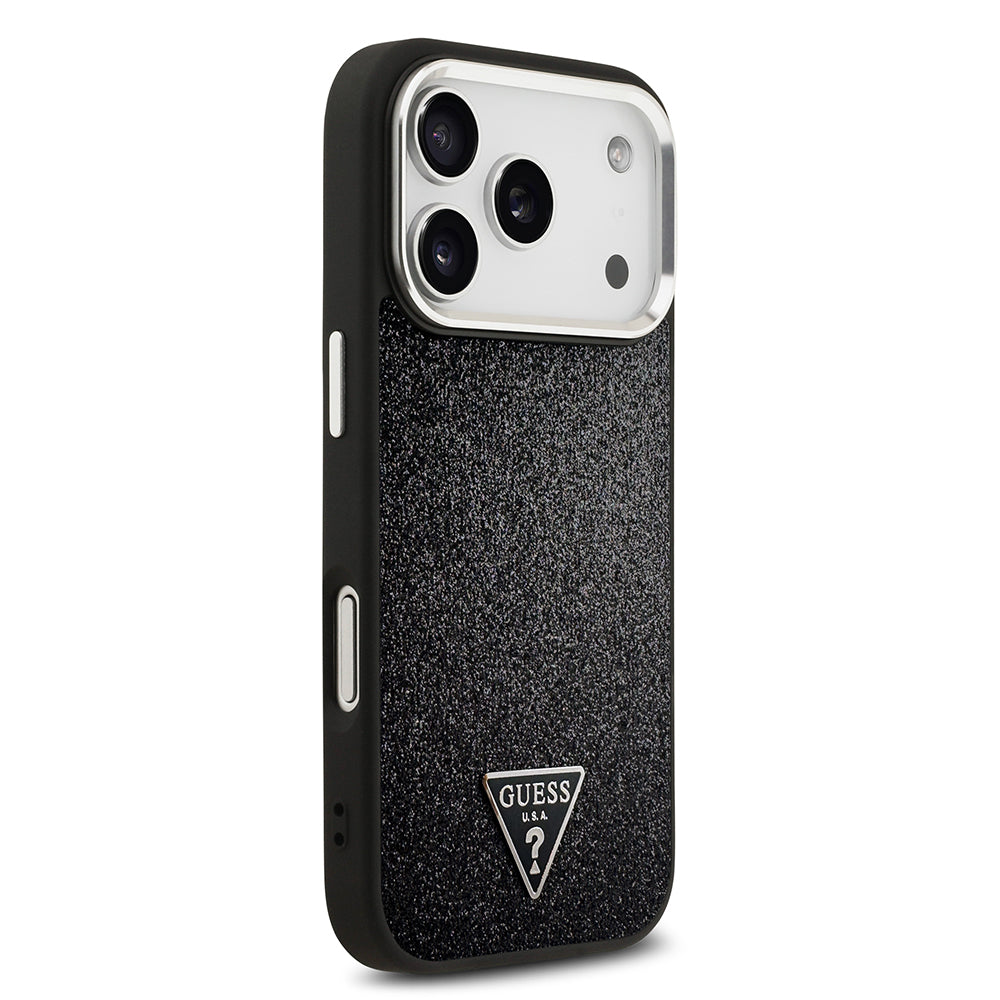 Apple iPhone 17 Pro Kılıf Guess M-safe Şarj Özellikli Üçgen Logolu Glitter Kapak Siyah