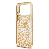 Apple iPhone 17 Pro Kılıf Guess M-safe Şarj Özellikli Üçgen Logolu Simli Leopar Desenli Kapak Kahverengi