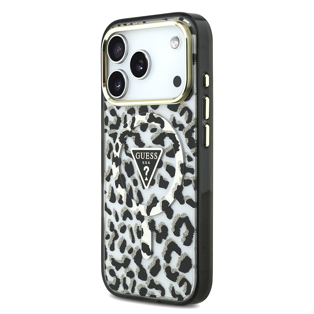 Apple iPhone 17 Pro Kılıf Guess M-safe Şarj Özellikli Üçgen Logolu Simli Leopar Desenli Kapak Siyah