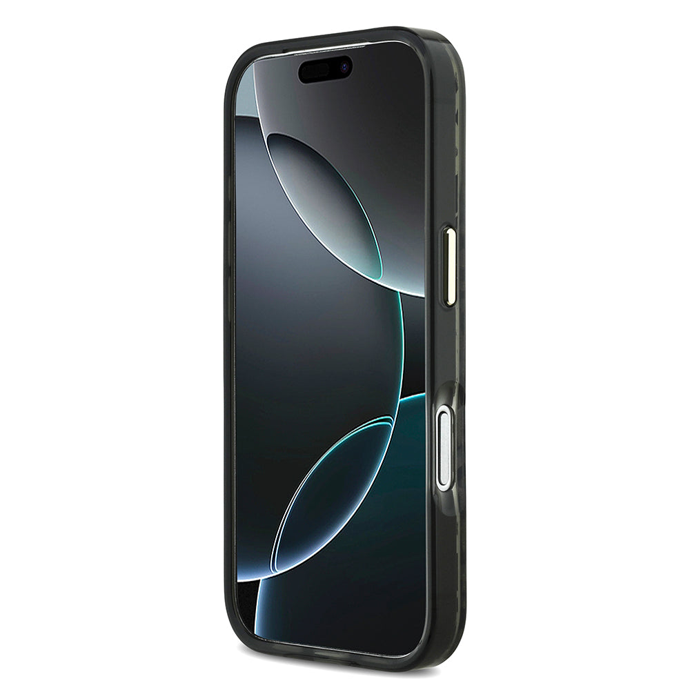 Apple iPhone 17 Pro Kılıf Guess M-safe Şarj Özellikli Üçgen Logolu Simli Leopar Desenli Kapak Siyah