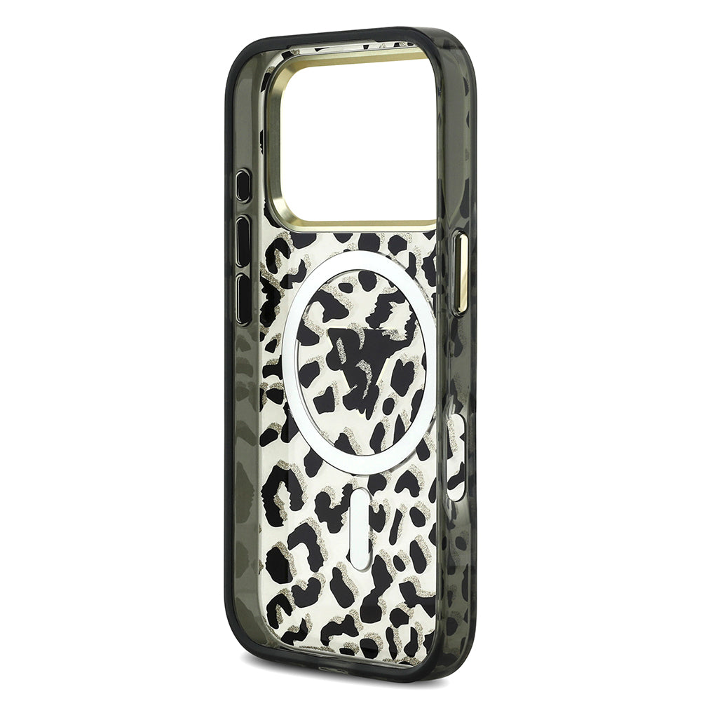 Apple iPhone 17 Pro Kılıf Guess M-safe Şarj Özellikli Üçgen Logolu Simli Leopar Desenli Kapak Siyah