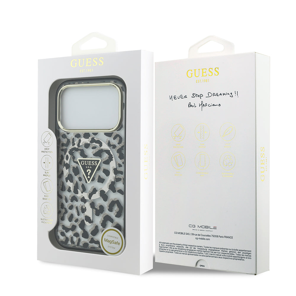 Apple iPhone 17 Pro Kılıf Guess M-safe Şarj Özellikli Üçgen Logolu Simli Leopar Desenli Kapak Siyah