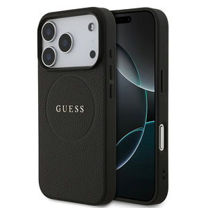 Apple iPhone 17 Pro Kılıf Guess M-safe Şarj Özellikli Yazı Logolu PU Deri Kapak Siyah