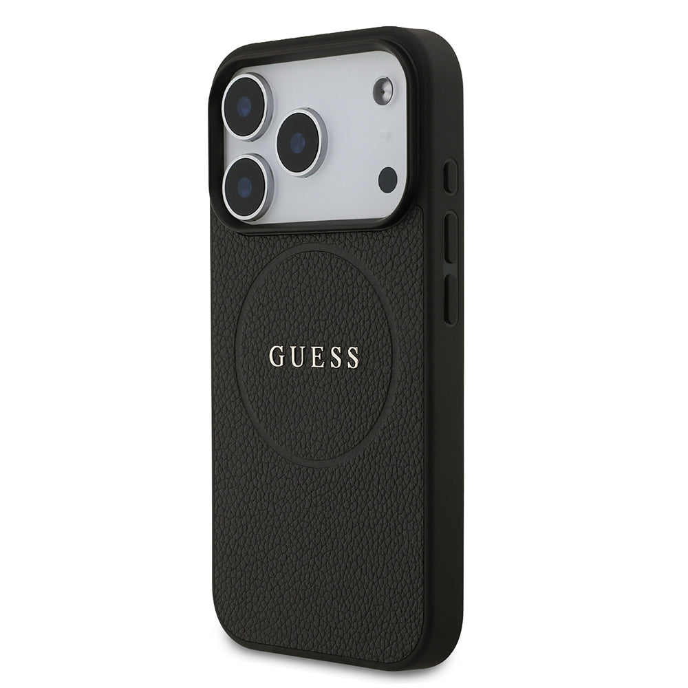 Apple iPhone 17 Pro Kılıf Guess M-safe Şarj Özellikli Yazı Logolu PU Deri Kapak Siyah