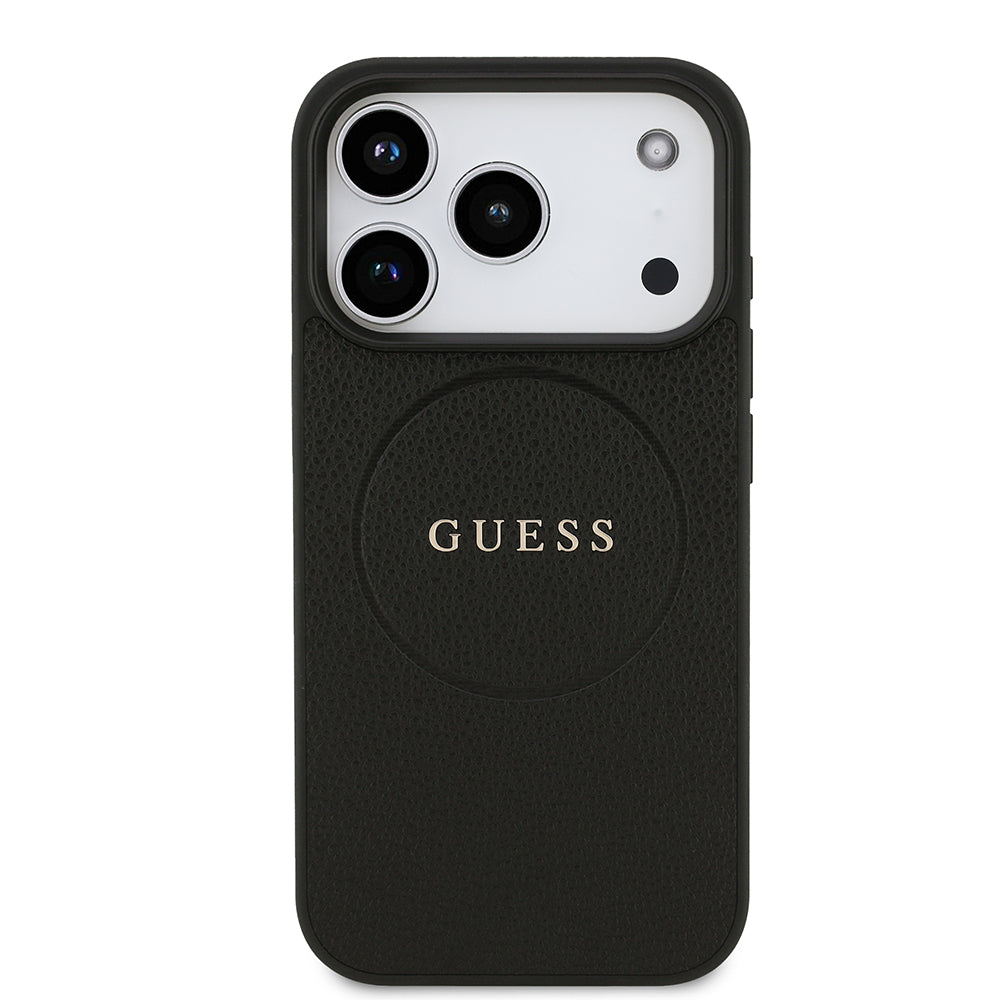 Apple iPhone 17 Pro Kılıf Guess M-safe Şarj Özellikli Yazı Logolu PU Deri Kapak Siyah
