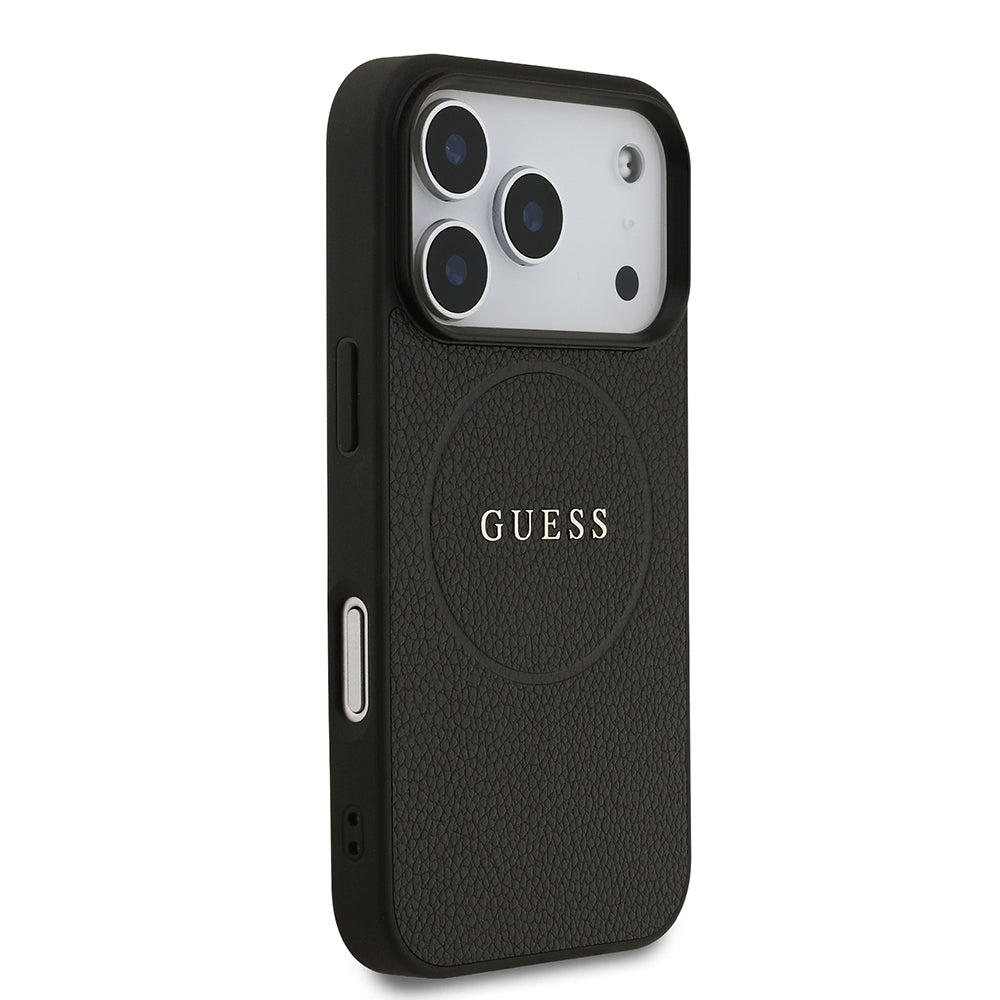 Apple iPhone 17 Pro Kılıf Guess M-safe Şarj Özellikli Yazı Logolu PU Deri Kapak Siyah