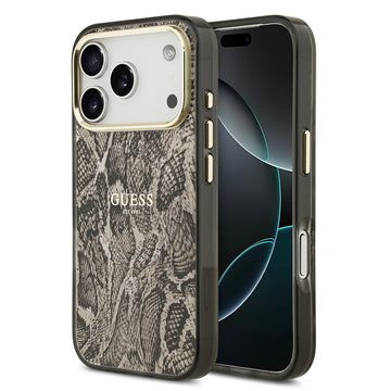 Apple iPhone 17 Pro Kılıf Guess M-safe Şarj Özellikli Yazı Logolu Python Yılan Desenli Kapak Kahverengi