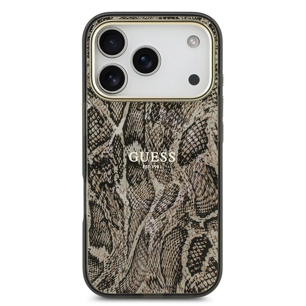 Apple iPhone 17 Pro Kılıf Guess M-safe Şarj Özellikli Yazı Logolu Python Yılan Desenli Kapak Kahverengi