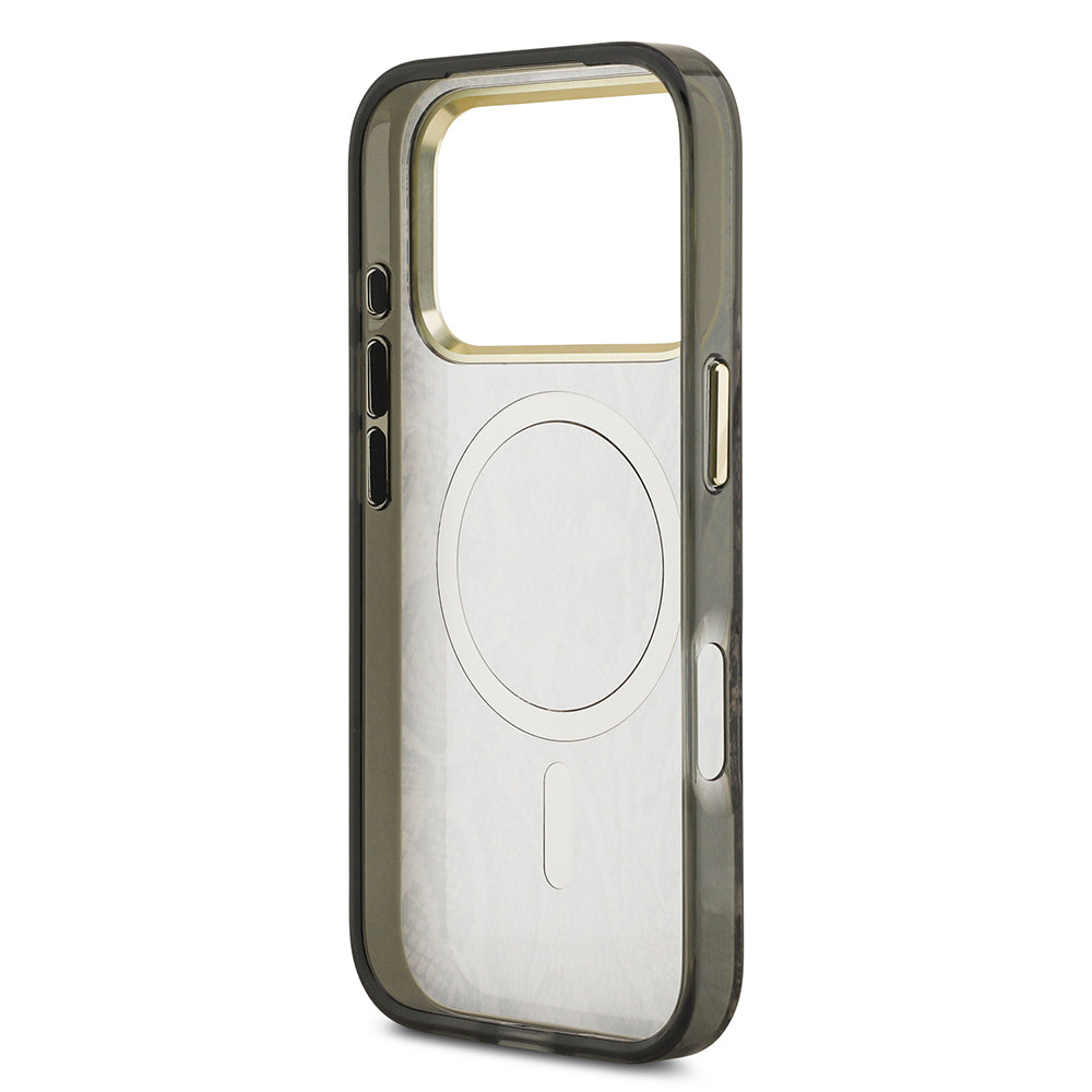 Apple iPhone 17 Pro Kılıf Guess M-safe Şarj Özellikli Yazı Logolu Python Yılan Desenli Kapak Kahverengi