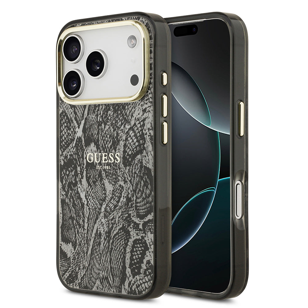 Apple iPhone 17 Pro Kılıf Guess M-safe Şarj Özellikli Yazı Logolu Python Yılan Desenli Kapak Siyah