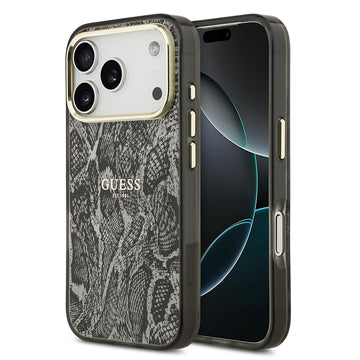 Apple iPhone 17 Pro Kılıf Guess M-safe Şarj Özellikli Yazı Logolu Python Yılan Desenli Kapak Siyah