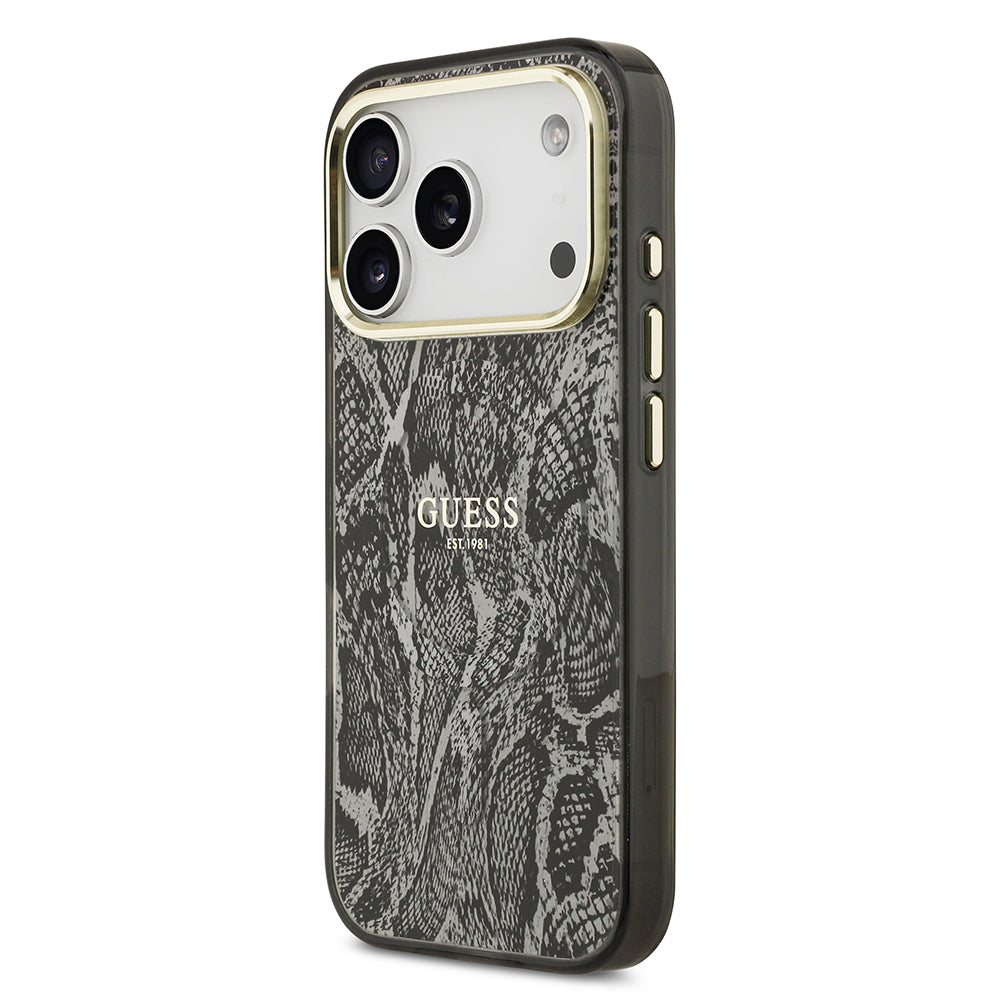 Apple iPhone 17 Pro Kılıf Guess M-safe Şarj Özellikli Yazı Logolu Python Yılan Desenli Kapak Siyah