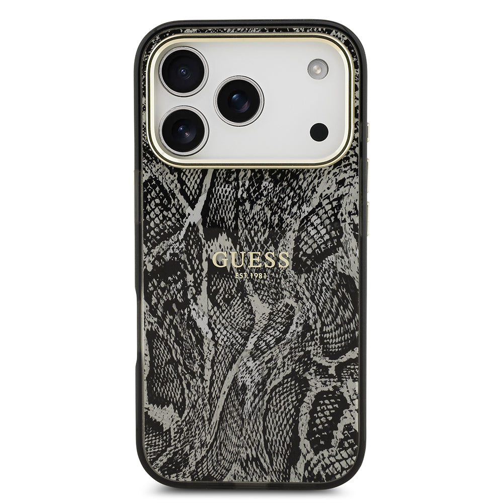 Apple iPhone 17 Pro Kılıf Guess M-safe Şarj Özellikli Yazı Logolu Python Yılan Desenli Kapak Siyah