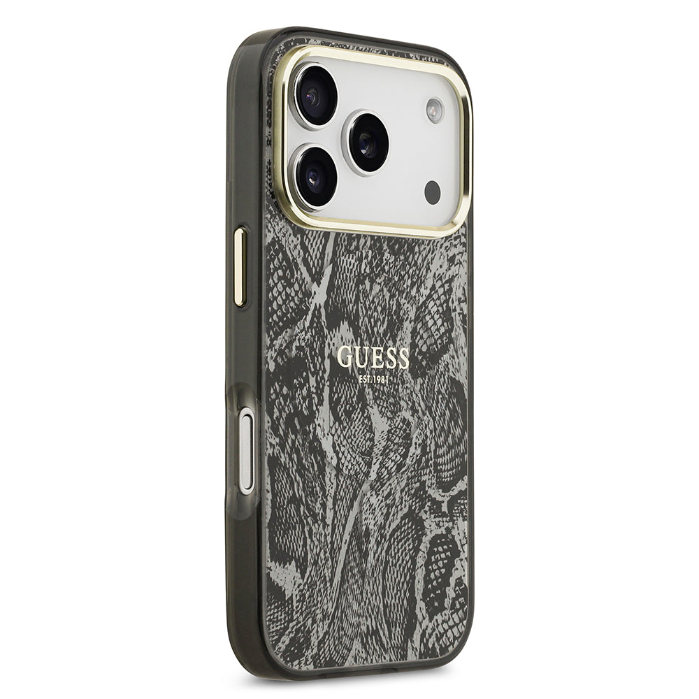 Apple iPhone 17 Pro Kılıf Guess M-safe Şarj Özellikli Yazı Logolu Python Yılan Desenli Kapak Siyah