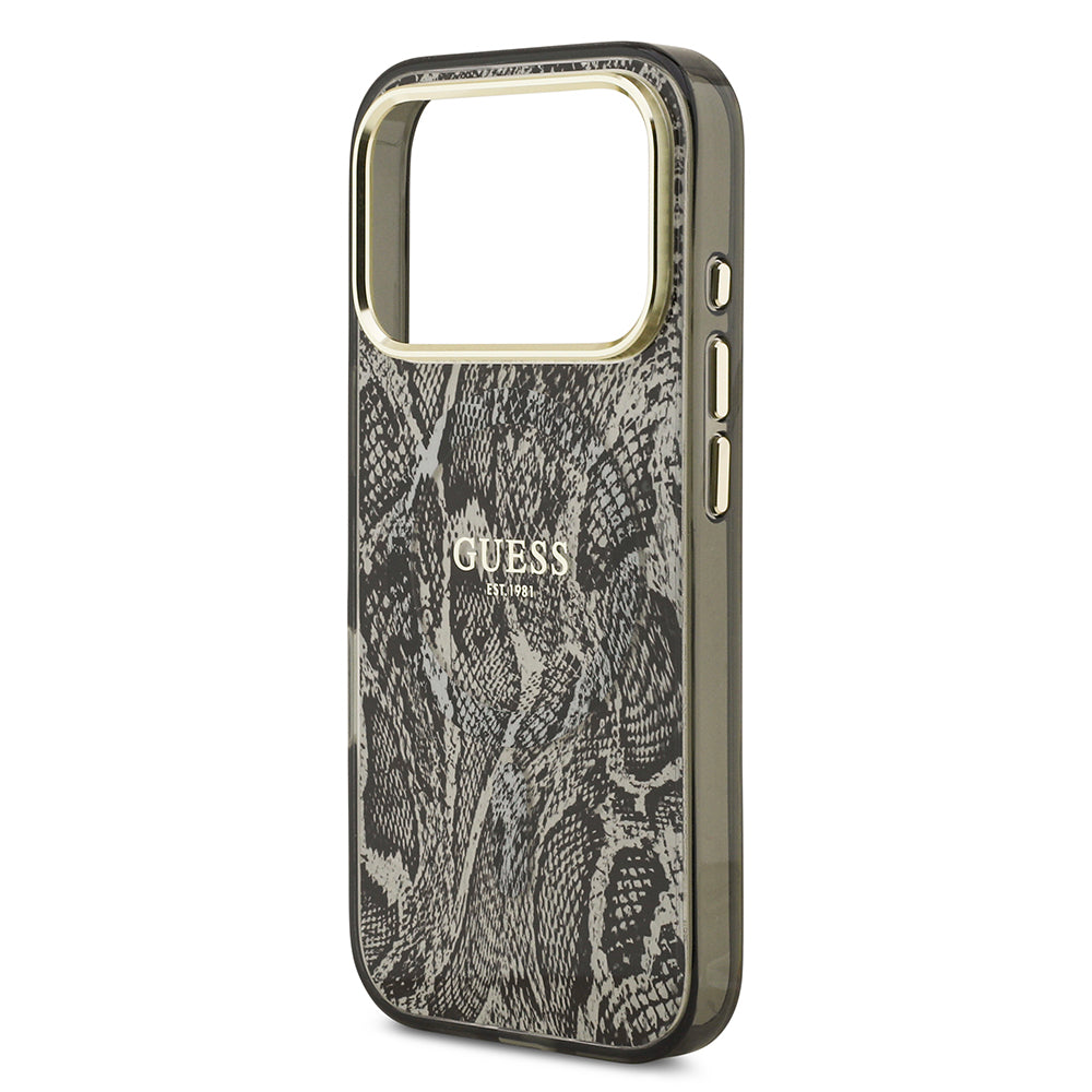 Apple iPhone 17 Pro Kılıf Guess M-safe Şarj Özellikli Yazı Logolu Python Yılan Desenli Kapak Siyah