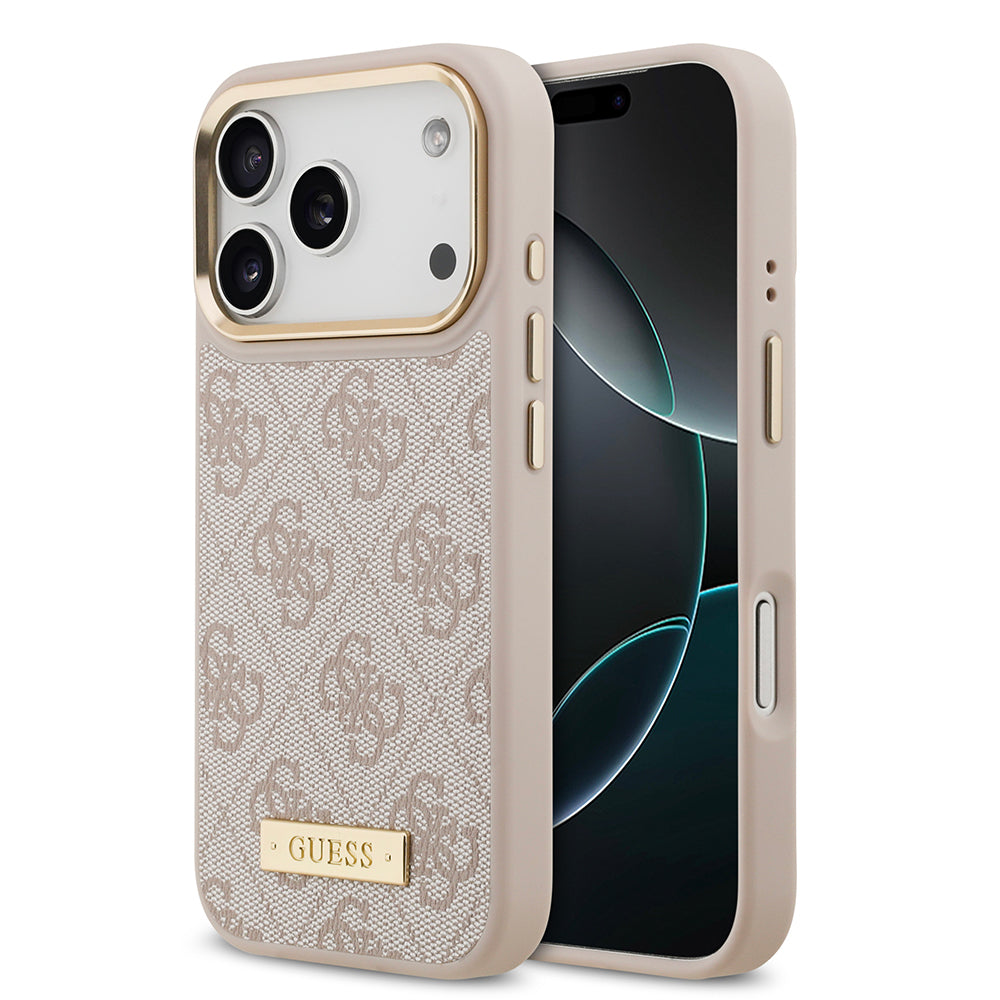 Apple iPhone 17 Pro Kılıf Guess Magsafe Şarj Özellikli 4G Desenli PU Metal Plaka Klasik Logolu Kapak Pembe