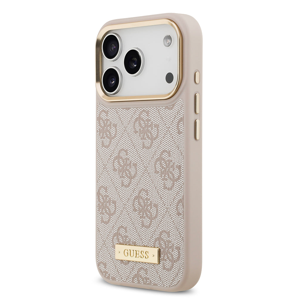 Apple iPhone 17 Pro Kılıf Guess Magsafe Şarj Özellikli 4G Desenli PU Metal Plaka Klasik Logolu Kapak Pembe