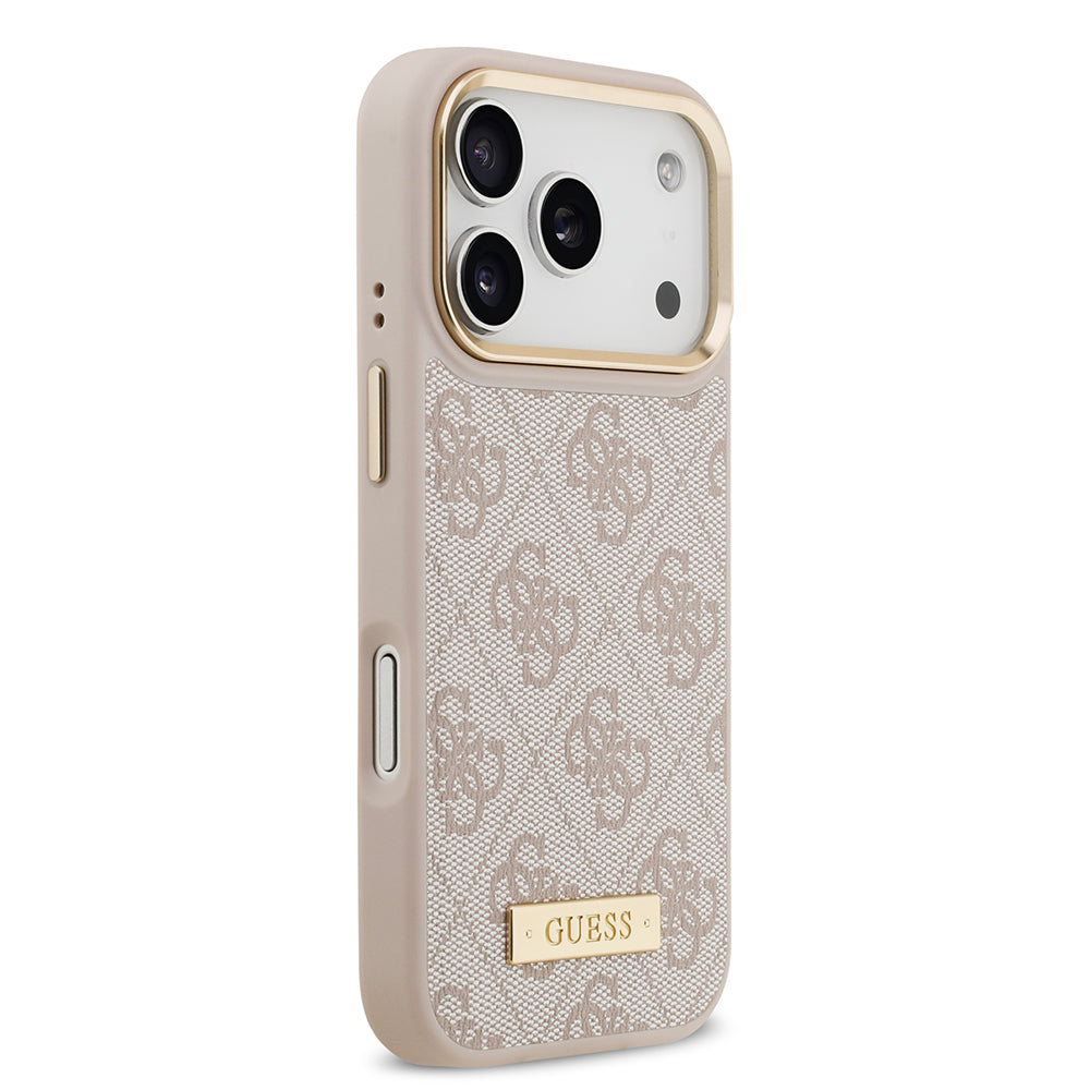 Apple iPhone 17 Pro Kılıf Guess Magsafe Şarj Özellikli 4G Desenli PU Metal Plaka Klasik Logolu Kapak Pembe