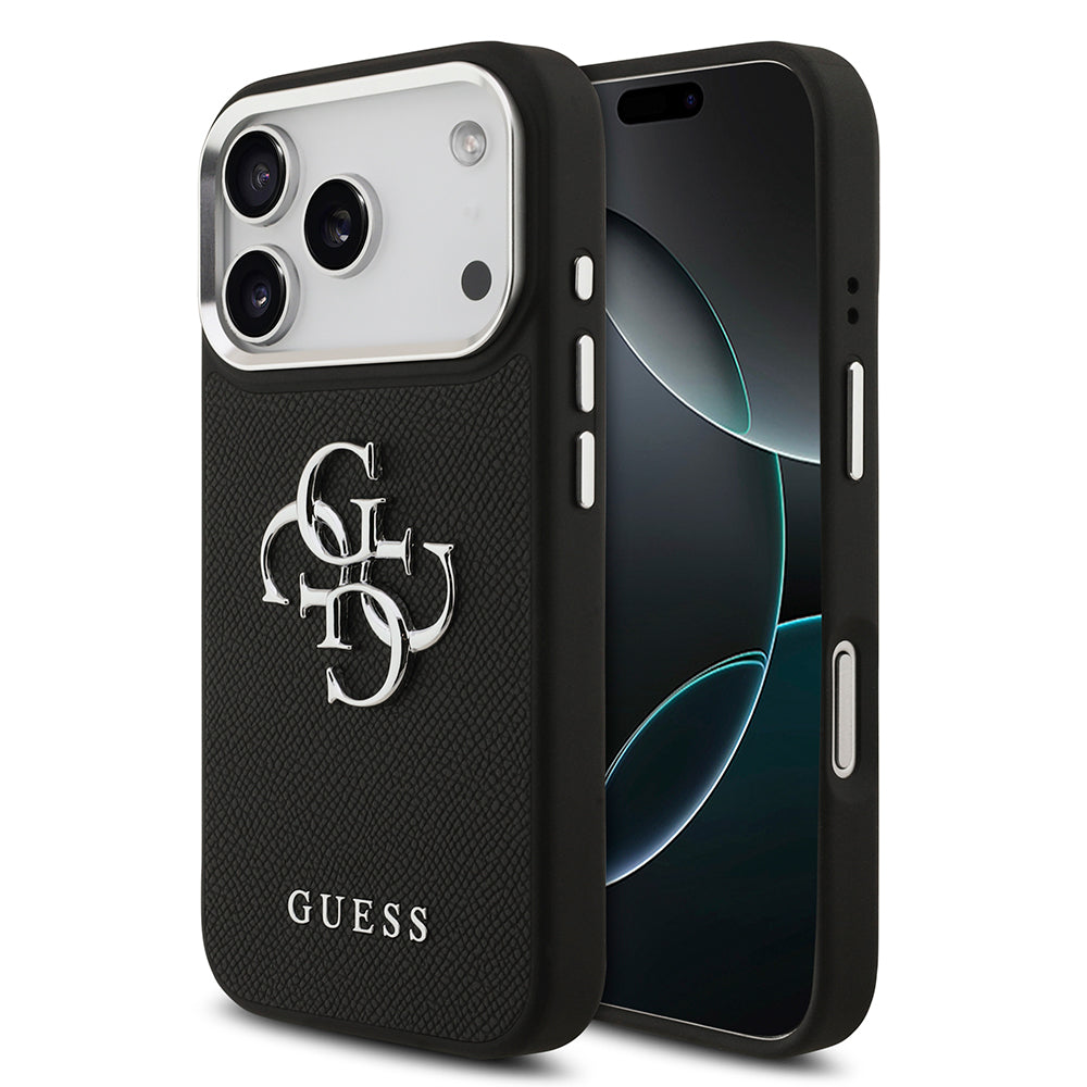 Apple iPhone 17 Pro Kılıf Guess PU Deri 4G Büyük Metal Logo Dizayn Kapak Siyah