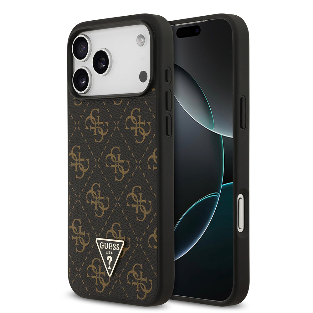 Apple iPhone 17 Pro Kılıf Guess PU Deri 4G Desenli Üçgen Logolu Kapak Siyah