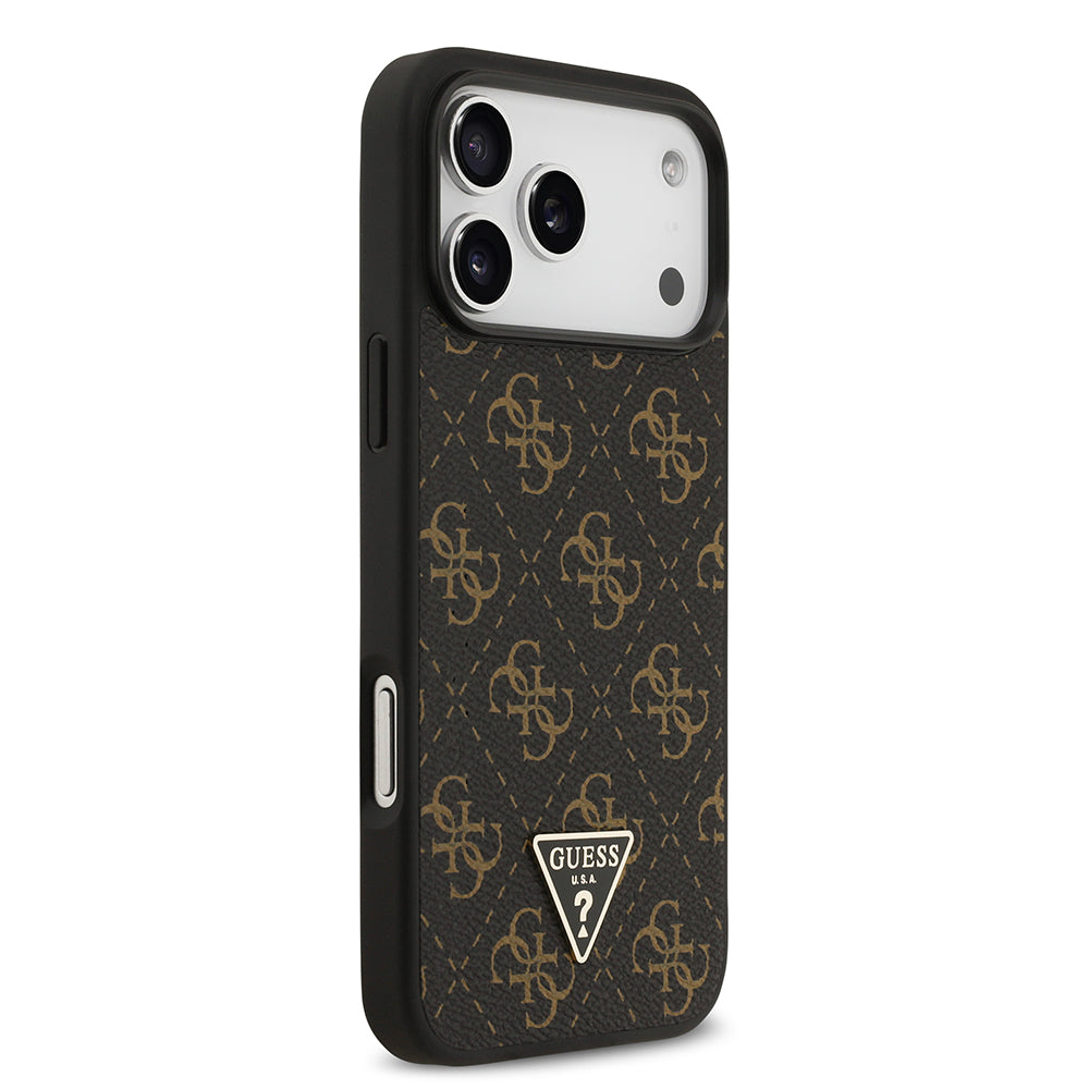 Apple iPhone 17 Pro Kılıf Guess PU Deri 4G Desenli Üçgen Logolu Kapak Siyah