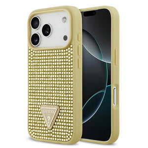 Apple iPhone 17 Pro Kılıf Guess Rhinestone Taşlı Üçgen Logolu Kapak Gold