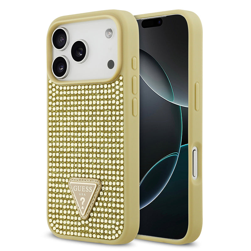 Apple iPhone 17 Pro Kılıf Guess Rhinestone Taşlı Üçgen Logolu Kapak Gold