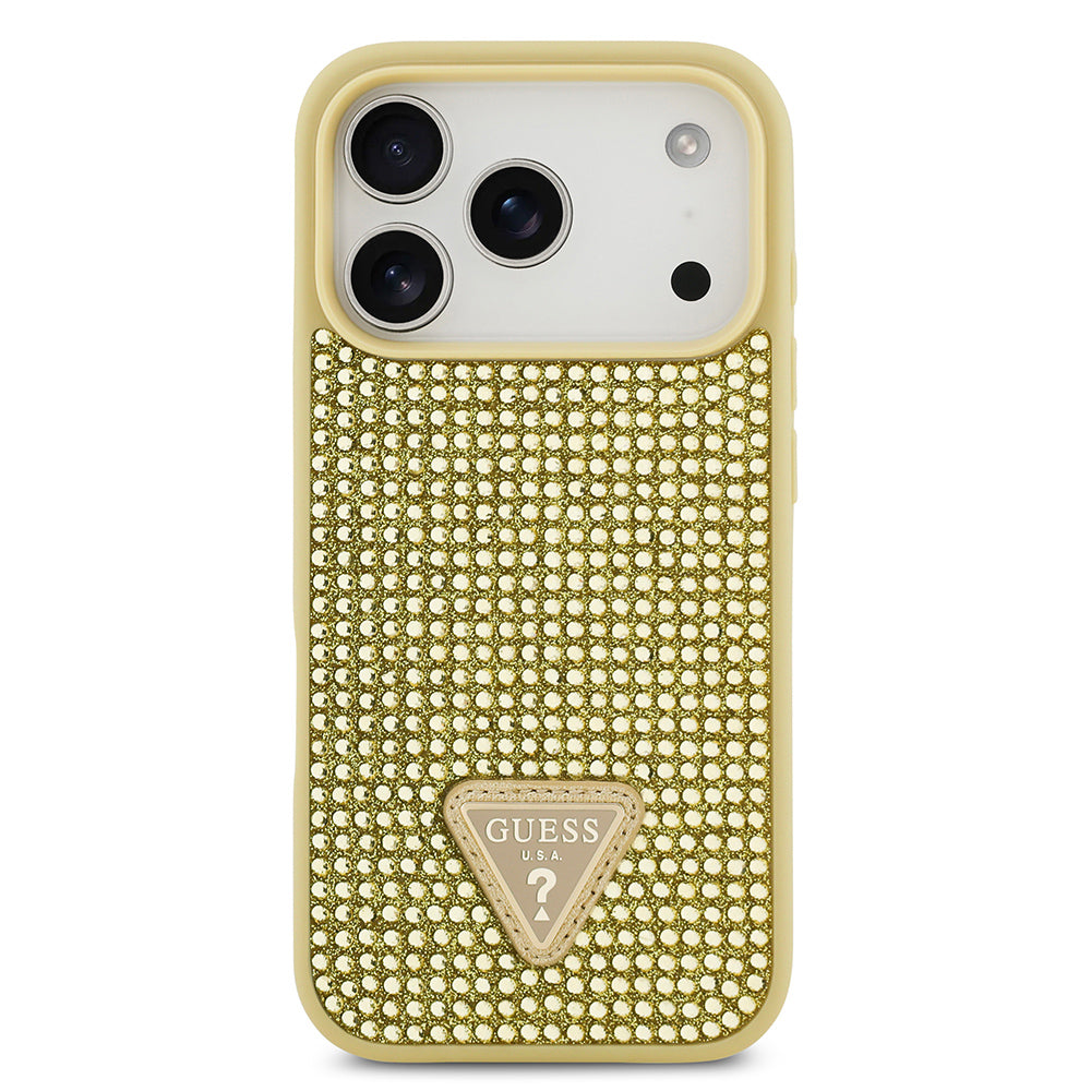 Apple iPhone 17 Pro Kılıf Guess Rhinestone Taşlı Üçgen Logolu Kapak Gold