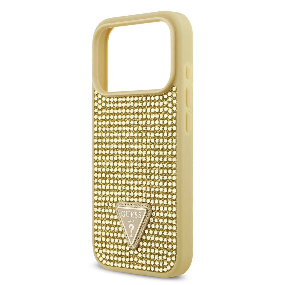 Apple iPhone 17 Pro Kılıf Guess Rhinestone Taşlı Üçgen Logolu Kapak Gold